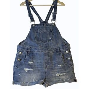 Silent New York Denim Overall Shorts‎ Distressed Med Wash Size 27 Boho Festival